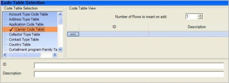 The location of the carrier code table on the code table selection tab.